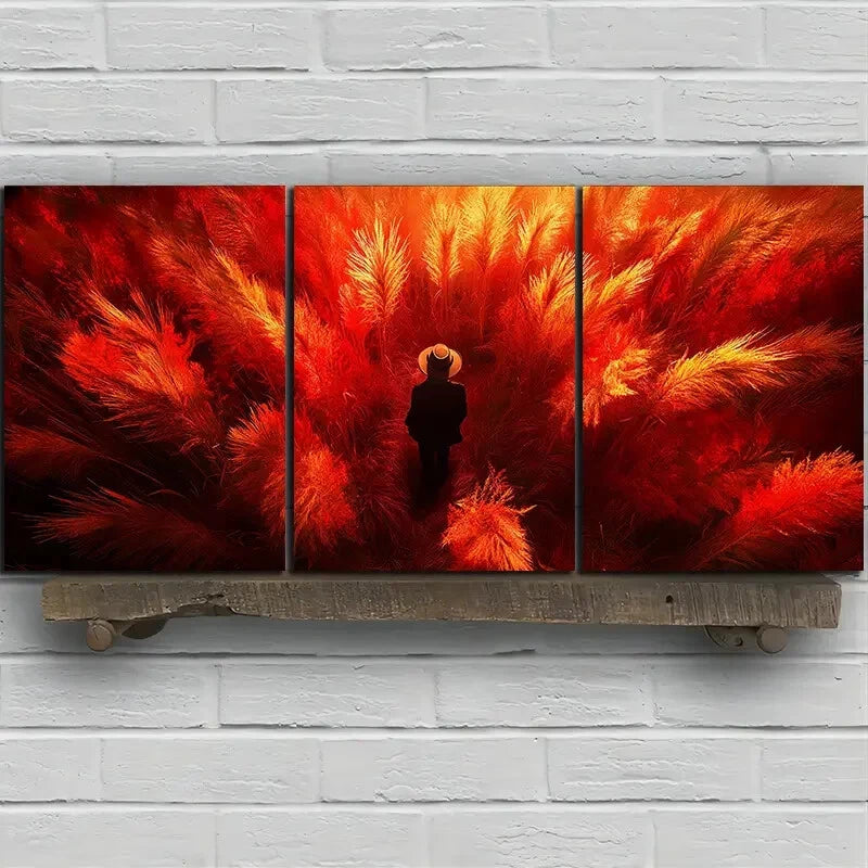 3pcs Person Wearing a Straw Hat Sitting On Grass Metal Print Ready to Hang Art