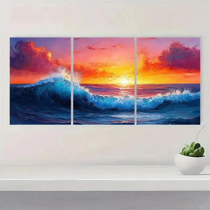 3pcs Vibrant Sunset Sea Landscape Art Metal Print Ready to Hang Art