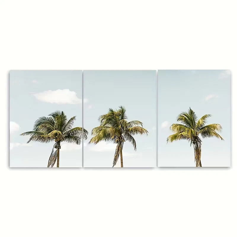 3pcs Palm Tree Serene Sky & Ocean View Metal Print Ready to Hang Art