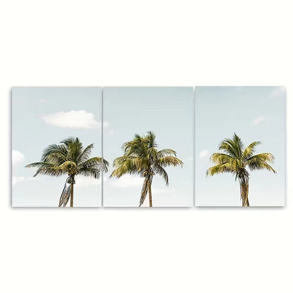 3pcs Palm Tree Serene Sky & Ocean View Metal Print Ready to Hang Art