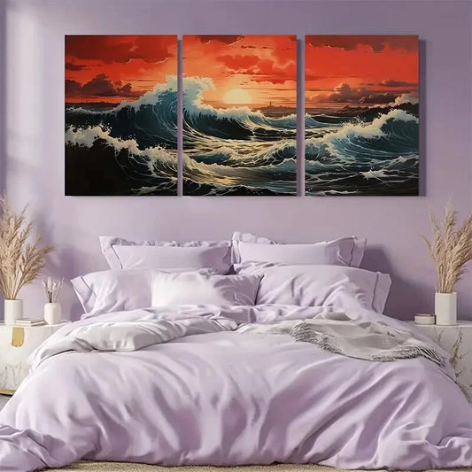 3pcs Asian Art Japanese Wall Art Ocean Waves Metal Print Ready to Hang Art