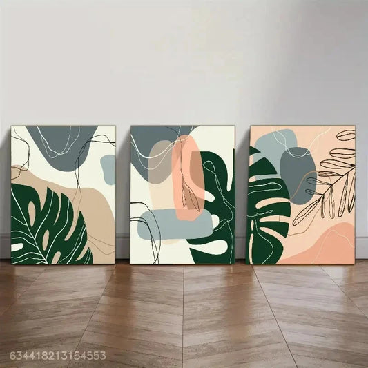 3pcs Modern Lines and Leaves Decorative Poster Metal Print Ready to Hang Art