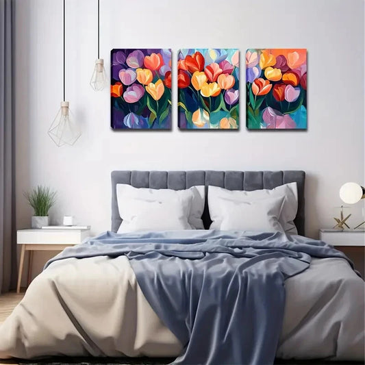 3pcs Colorful Tulips Densely Arranged Perfect Wall Art Set Canvas Framed 40x60cm - High Quality Print 100% Australian Made Wall Canvas Ready to Hang