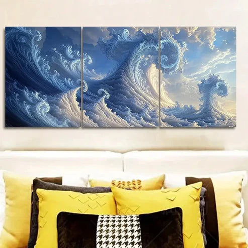 3pcs blue and white waves Wall Art Set Canvas Unframed - High Quality Print 100% Australian Made Wall Canvas
