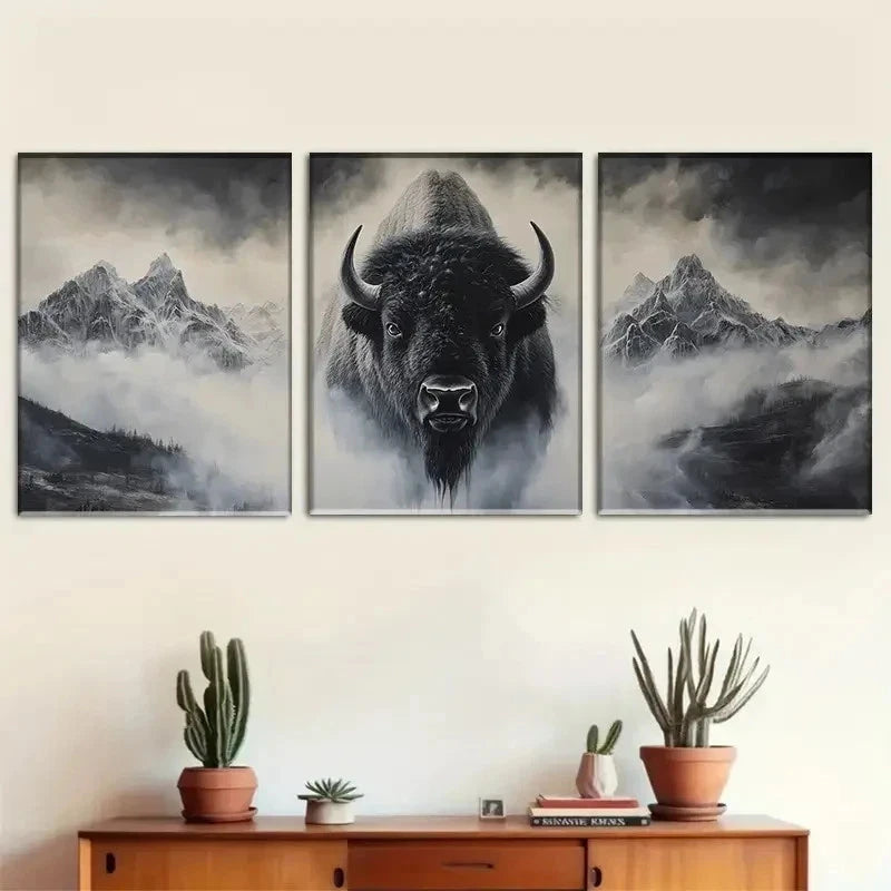 3pcs Majestic Bison And Mountains Wall Art Set Canvas Framed 60x90cm - High Quality Print 100% Australian Made Wall Canvas Ready to Hang