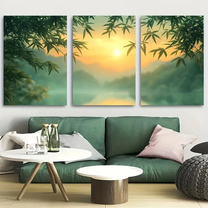 3pcs Elegant Bamboo Feng Shui Inspired Metal Print Ready to Hang Art