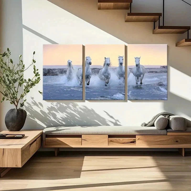 3pcs White Horses Running on the Beach Wall Art Set Canvas Framed 40x60cm - High Quality Print 100% Australian Made Wall Canvas Ready to Hang