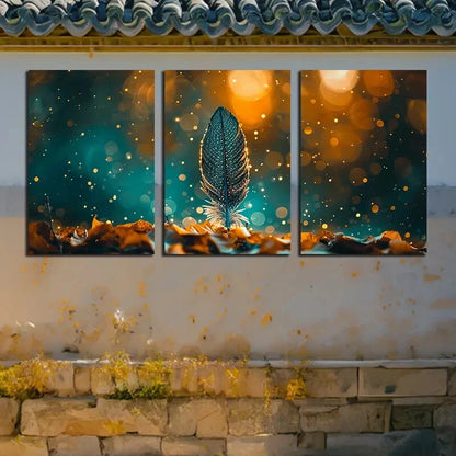 3pcs Modern Feather with Dry Leaves Design Metal Print Ready to Hang Art