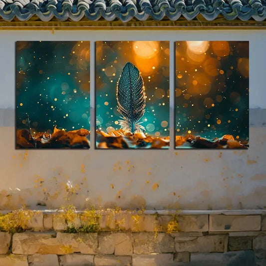 3pcs Modern Feather with Dry Leaves Design Metal Print Ready to Hang Art