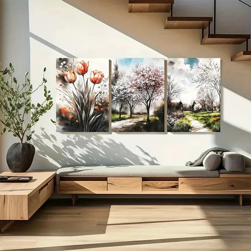 3pcs Cherry Blossom Gentle Tulip Watercolor Floral Metal Print Ready to Hang Art