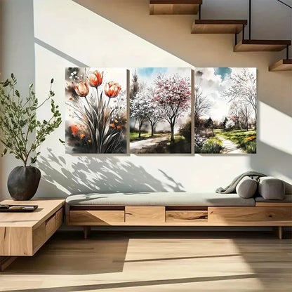 3pcs Cherry Blossom Gentle Tulip Watercolor Floral Metal Print Ready to Hang Art