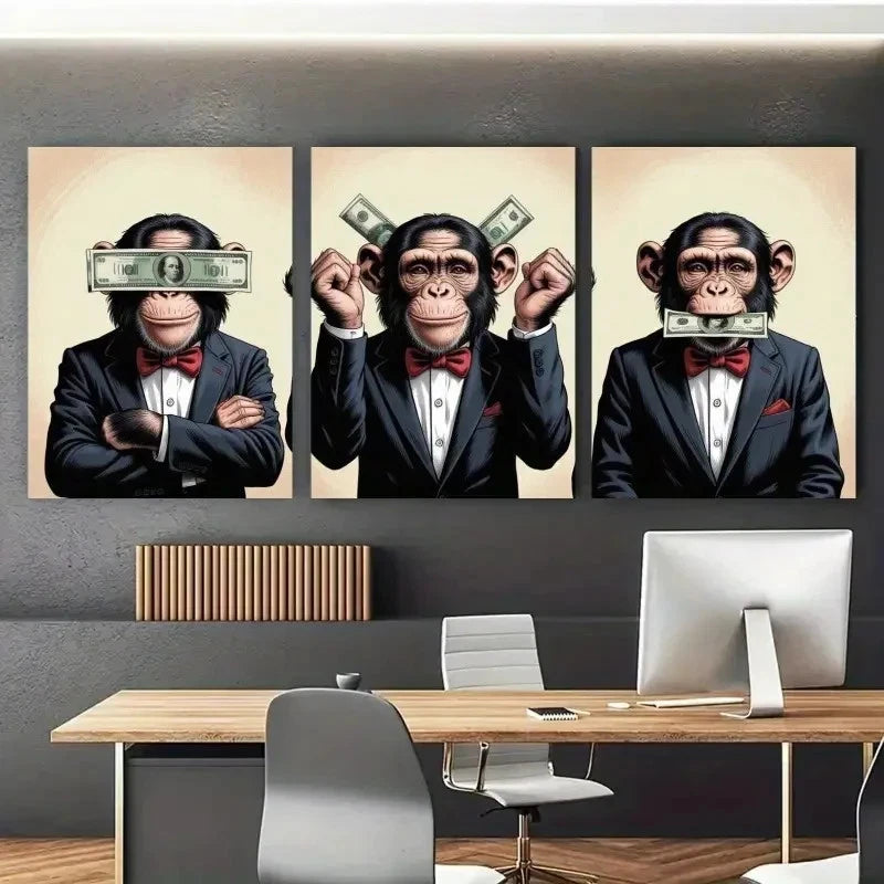 3pcs Monkey Money Tuxedo Animal Painting Metal Print Ready to Hang Art