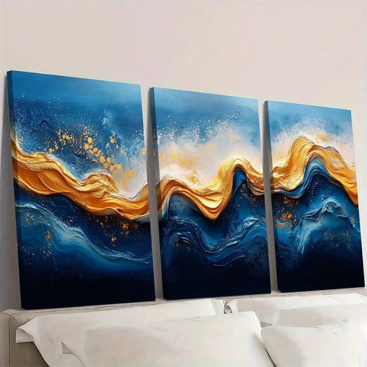 3pcs Modern Abstract Theme Blue and Golden Wall Art Set Canvas Framed 40x60cm - High Quality Print 100% Australian Made Wall Canvas Ready to Hang