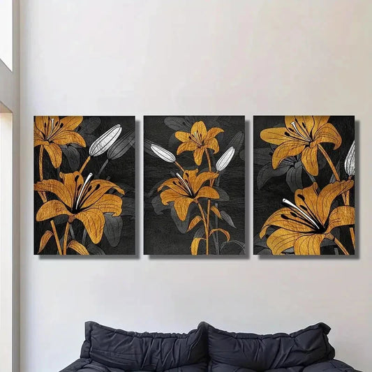3pcs Golden Lily Modern Luxury Floral Metal Print Ready to Hang Art