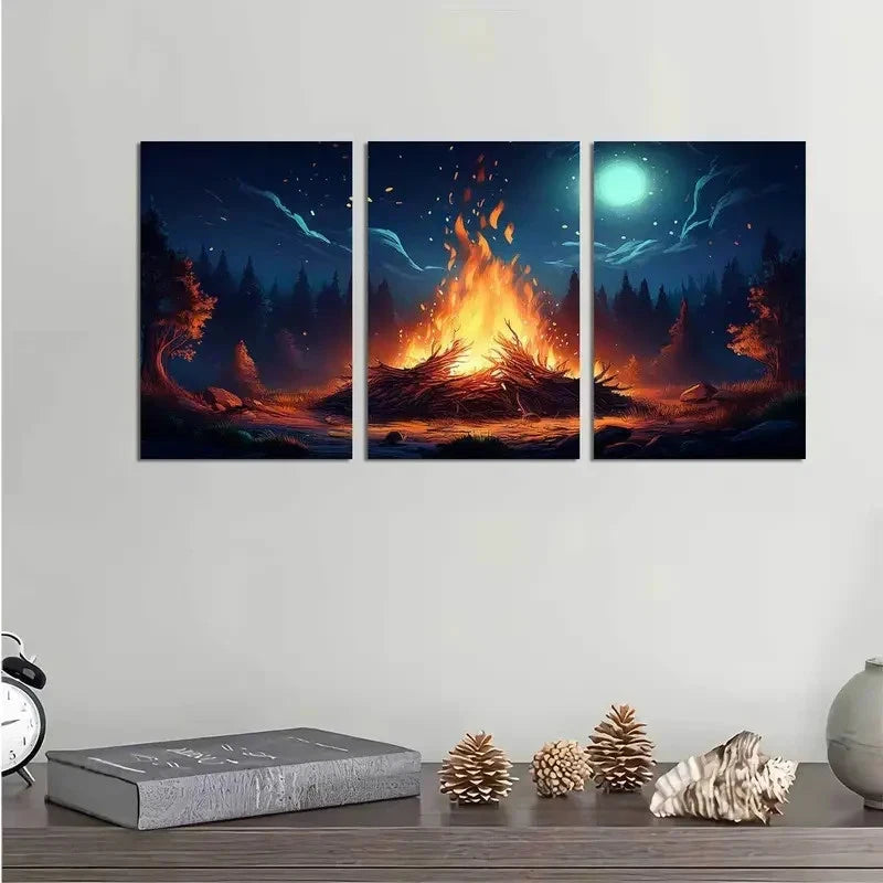 3pcs Night Bonfire Forest Campfire Metal Print Ready to Hang Art