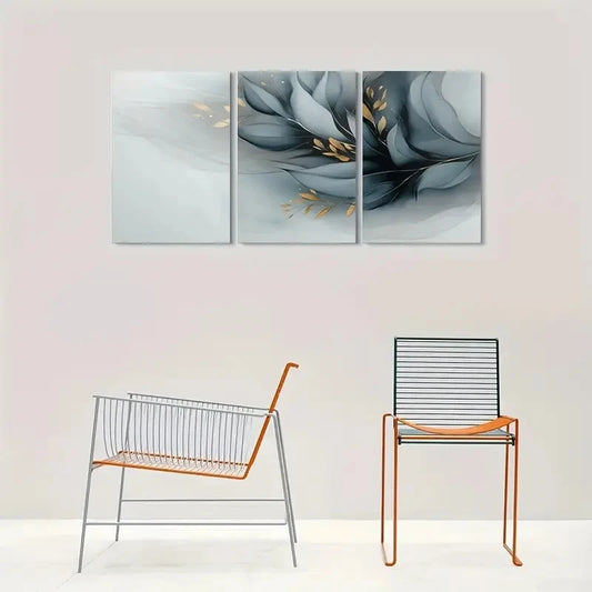 3pcs Minimalist Blue & Golden Floral Metal Print Ready to Hang Art