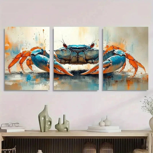 3pcs Vibrant Blue & Orange Crab Metal Print Ready to Hang Art