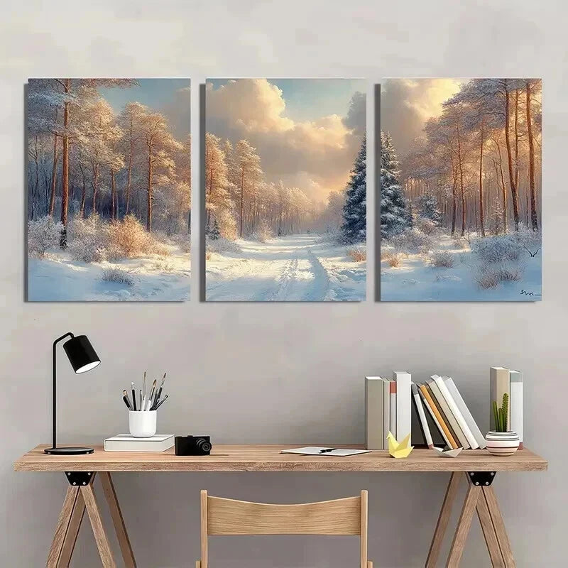 3pcs Vintage Winter Forest Painting Wall Art Set Canvas Framed 40x60cm - High Quality Print 100% Australian Made Wall Canvas Ready to Hang