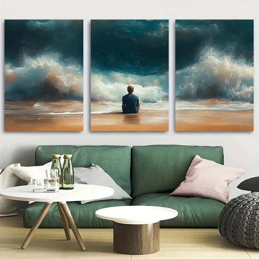 3pcs Surfer Sitting On Beach Watching Ocean Waves Metal Print Ready to Hang Art