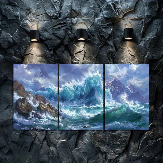3pcs Modern Seascape Ocean Waves Metal Print Ready to Hang Art
