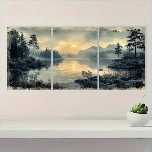 3pcs Serene Sunset by the Lake Landscape Scene Metal Print Ready to Hang Art