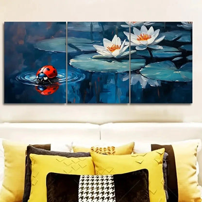 3pcs Ladybugs on Water Lilies Painting Metal Print Ready to Hang Art