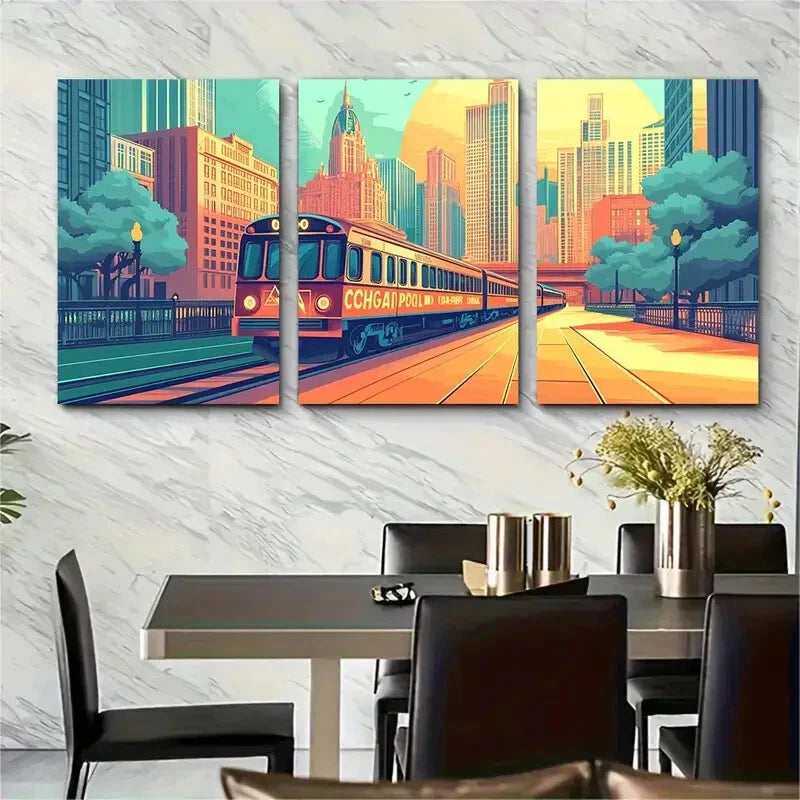 3pcs Aesthetic Cityscape with Tram & Skyscrapers Metal Print Ready to Hang Art