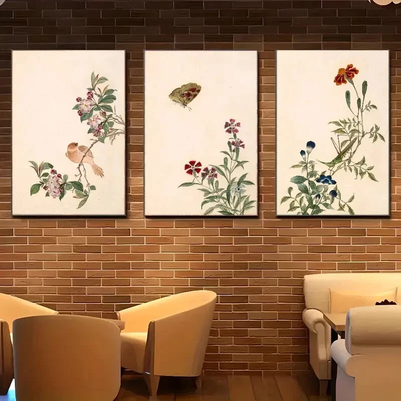 3pcs Vintage Floral and Bird Botanical Metal Print Ready to Hang Art