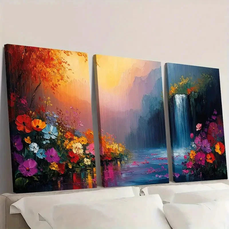 3pcs Abstract Rainy Garden Landscape Art T Wall Art Set Canvas Framed 50x70cm - High Quality Print 100% Australian Made Wall Canvas Ready to Hang