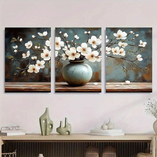 3pcs Elegance Farmhouse Flowers Beige & Gray Vase Metal Print Ready to Hang Art