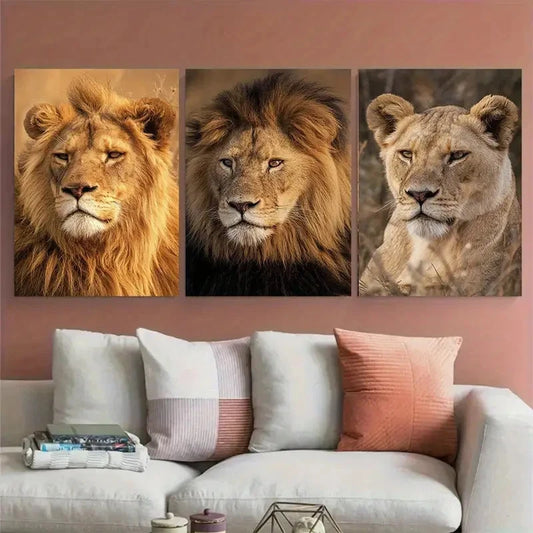 3pcs Lion Botswana African Photography, Safari Wall Art Set Canvas Framed 40x60cm - High Quality Print 100% Australian Made Wall Canvas Ready to Hang