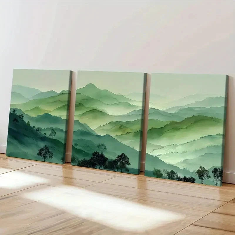 3pcs Mountain Landscape, Green Hills Wall Art Set Canvas Framed 40x60cm - High Quality Print 100% Australian Made Wall Canvas Ready to Hang