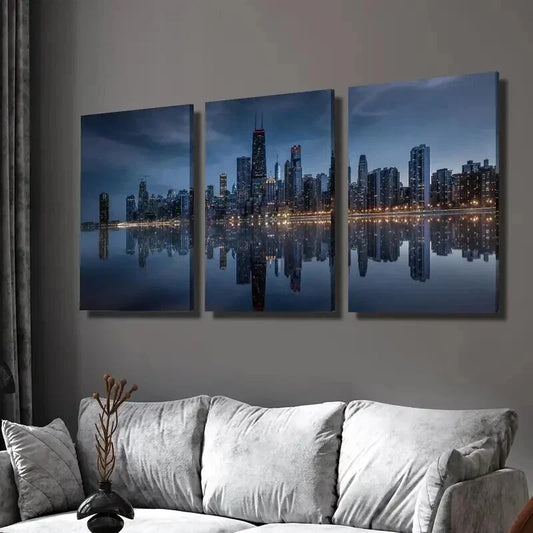 3pcs Ocean Reflection of Cityscape Skyline Wall Art Set Canvas Framed 40x60cm - High Quality Print 100% Australian Made Wall Canvas Ready to Hang