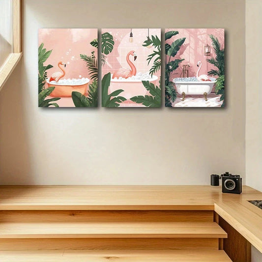3pcs The Flamingo Bathtub Bird Themed Metal Print Ready to Hang Art