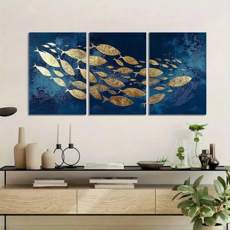 3pcs School of Fish in Navy Blue with Golden Foil Metal Print Ready to Hang Art