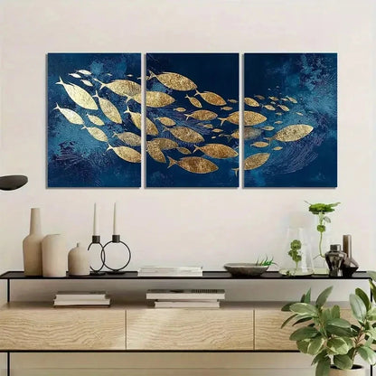 3pcs School of Fish in Navy Blue with Golden Foil Metal Print Ready to Hang Art