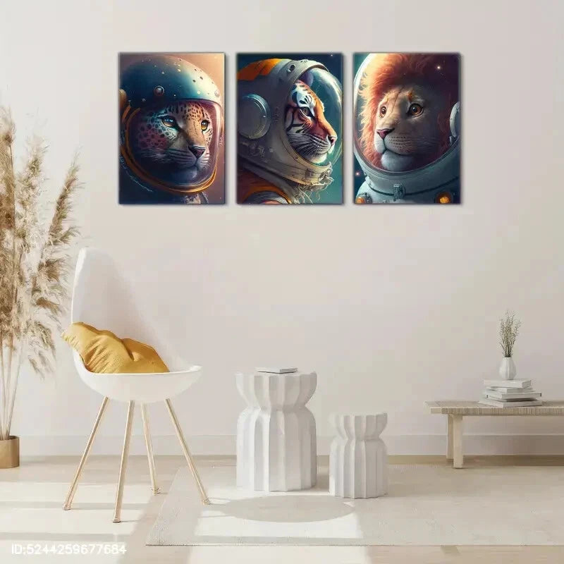 3pcs Astronaut Portrait Cheetah Tiger Lion Metal Print Ready to Hang Art