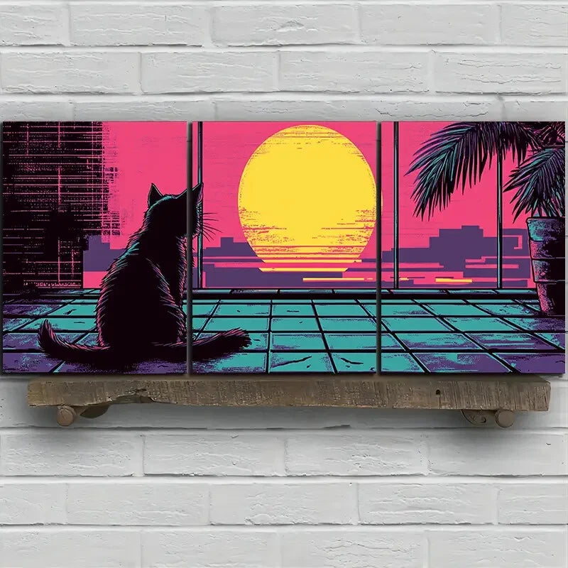 3pcs The Cat Gazing At The Sun Metal Print Ready to Hang Art