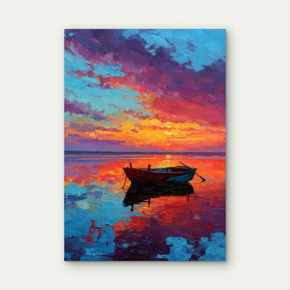 Vibrant Sunset Boat Scene, Nautical Metal Print Ready to Hang
