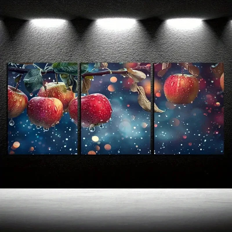 3pcs Vibrant Apples on Branches Raining Scene Metal Print Ready to Hang Art