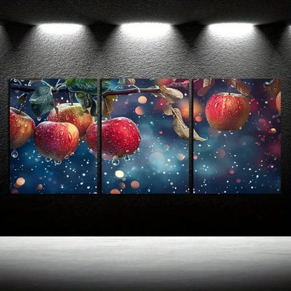 3pcs Vibrant Apples on Branches Raining Scene Metal Print Ready to Hang Art
