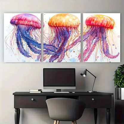 3pcs Colourful Illustrated Jellyfish Gracefully Wall Art Set Canvas Framed 50x70cm - High Quality Print 100% Australian Made Wall Canvas Ready to Hang