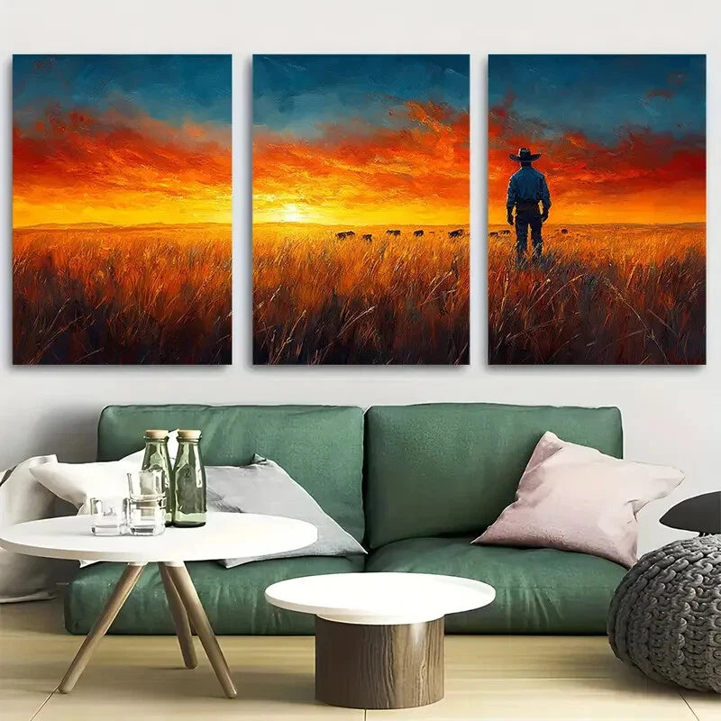 3pcs Cowboy Leading Cattle Across Golden Prairie Metal Print Ready to Hang Art