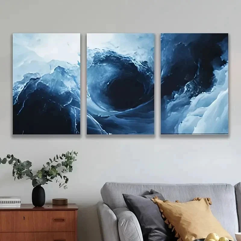 3pcs Blue Ocean Wave Abstract Art Metal Print Ready to Hang Art