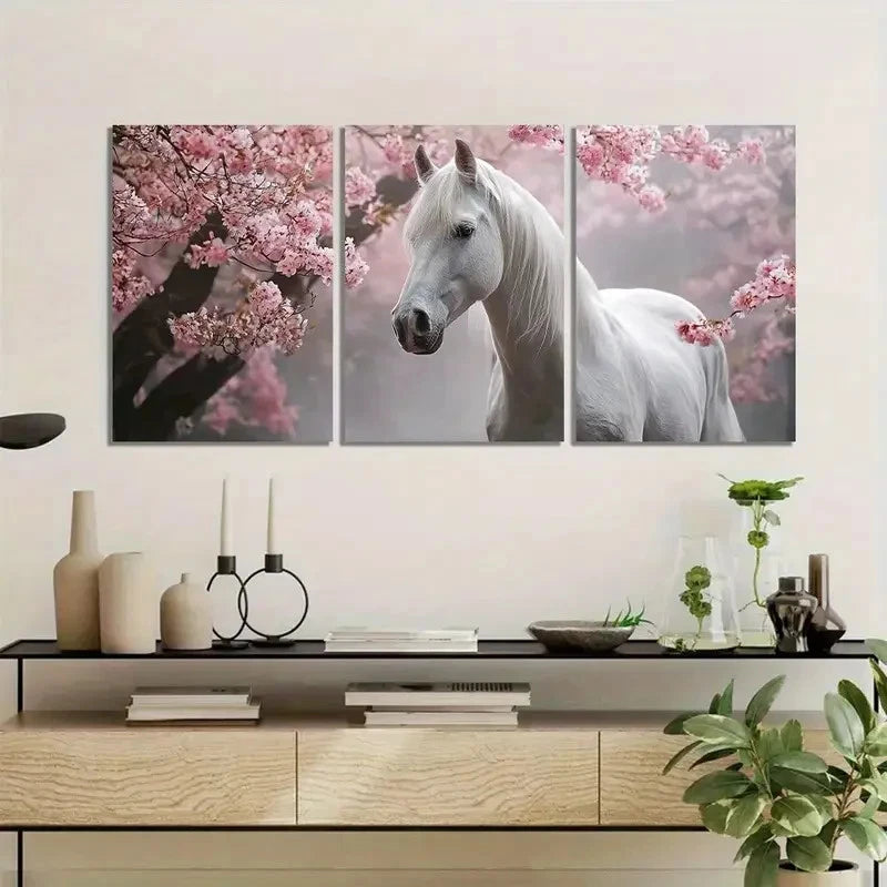 3pcs White Horse Under Cherry Blossom Tree Metal Print Ready to Hang Art