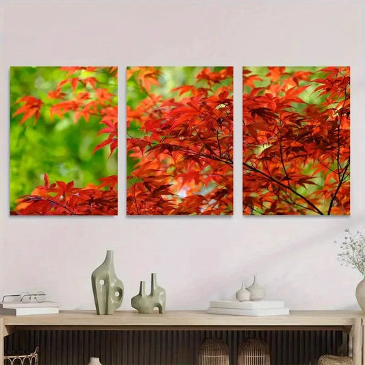 3pcs Vibrant Red Leaves Triptych Metal Print Ready to Hang Art