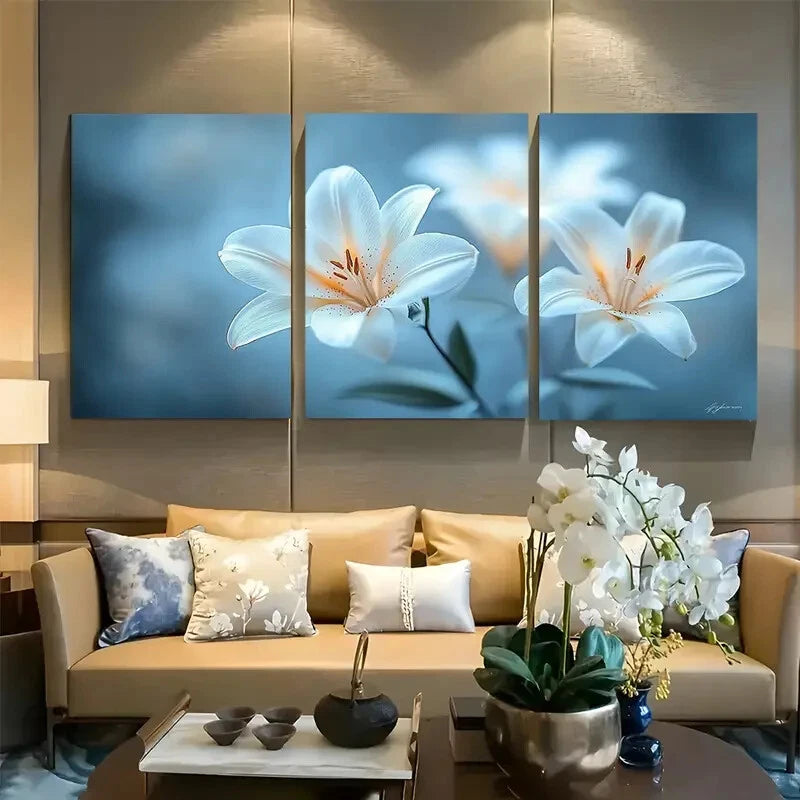 3pcs White Lilies Floral Bouquet Metal Print Ready to Hang Art