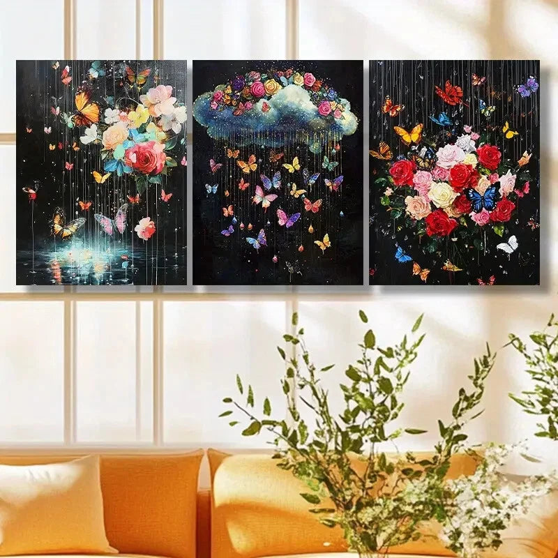 3pcs Vibrant Flower & Butterfly Colorful Floral Metal Print Ready to Hang Art