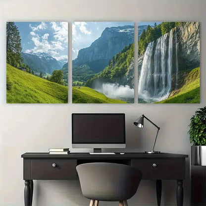 3pcs Lauterbrunnen Waterfall with Lush Greenery Wall Art Set Canvas Framed 40x60cm - High Quality Print 100% Australian Made Wall Canvas Ready to Hang