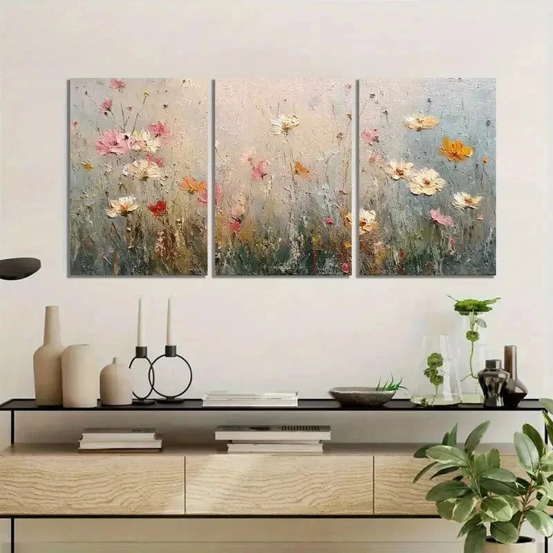 3pcs Vintage Wildflower Meadow in Pastel Metal Print Ready to Hang Art